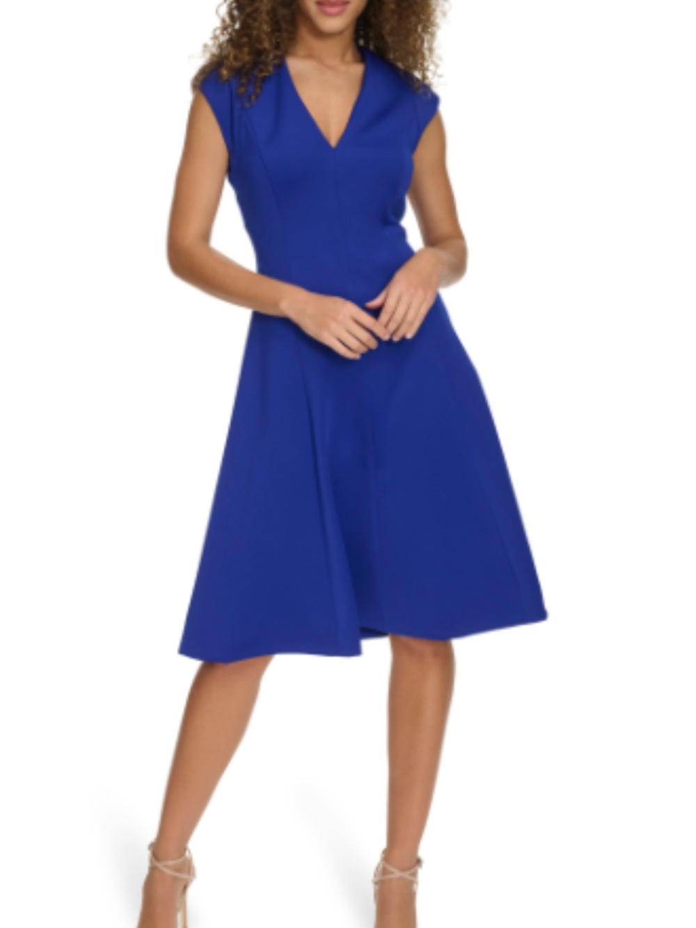 Calvin Klein Royal Blue V-Neck Midi Fit-and-Flare Dress